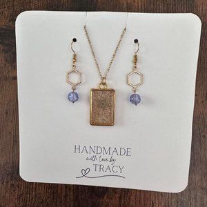 New Handmade Gold-Tone Earrings and Real Forget-Me-Not Flower Necklace Set (V2)